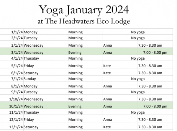 THEL Yoga Schedule January 2024